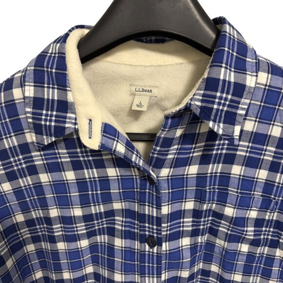 LL Bean Shirt Jacket Women Large Blue Plaid Flannel Sherpa Lined Shacket - Picture 4 of 6